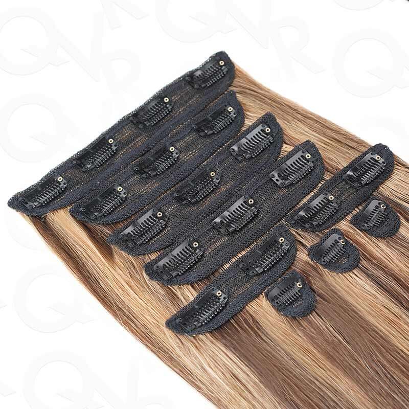 QVR Highlight #P4/30 9PCS Weft Clip In Hair Extensions Volumizer #P4/27 Straight Clip In Human Hair