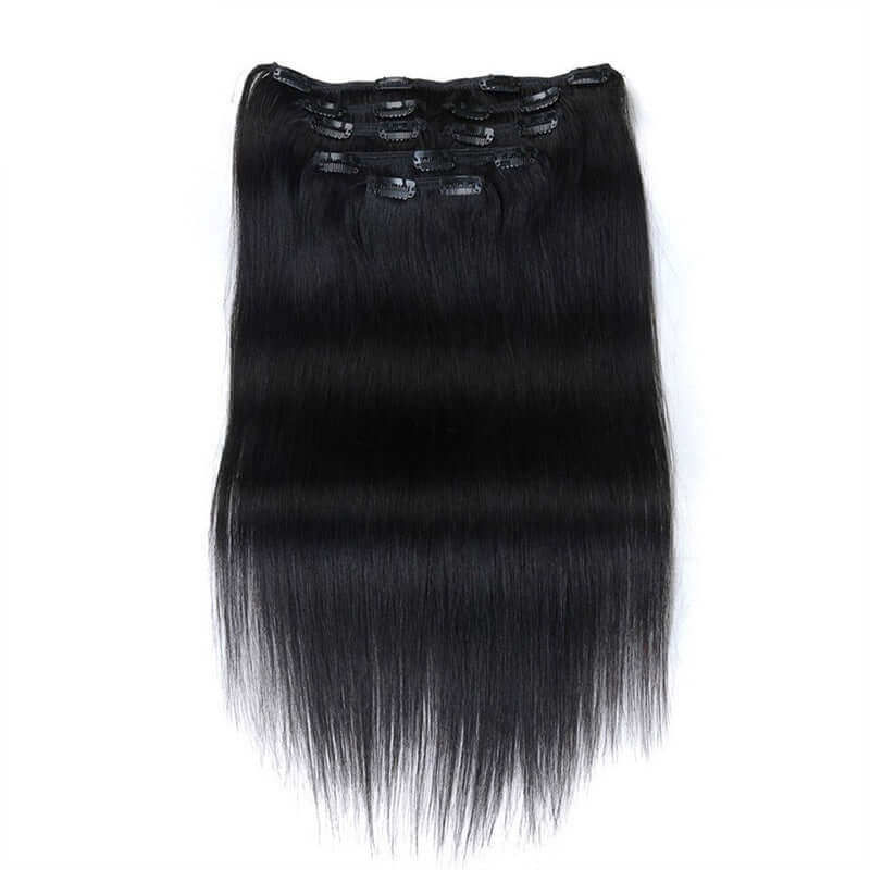 QVR Straight 7Pcs Clip in Virgin Human Hair Extensions Brazilian Natural Black Color Hair