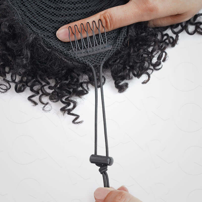 QVR Drawstring Ponytail Extension With Bangs Short Curly Human Hair Ponytail Hairstyle