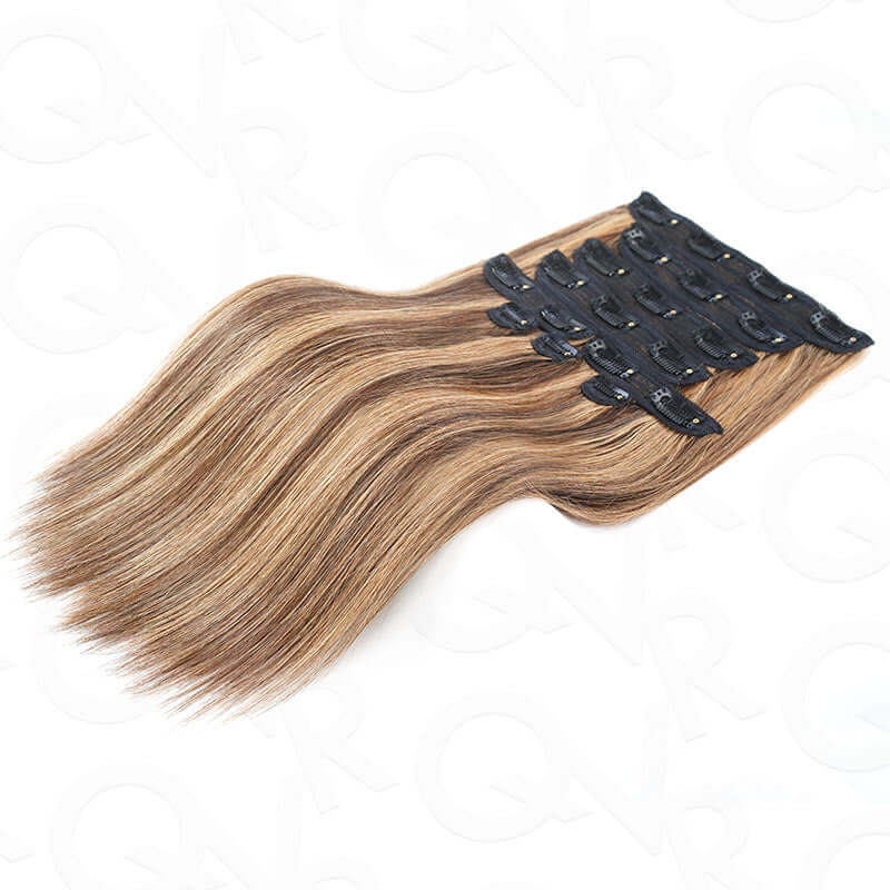 QVR Highlight #P4/30 9PCS Weft Clip In Hair Extensions Volumizer #P4/27 Straight Clip In Human Hair