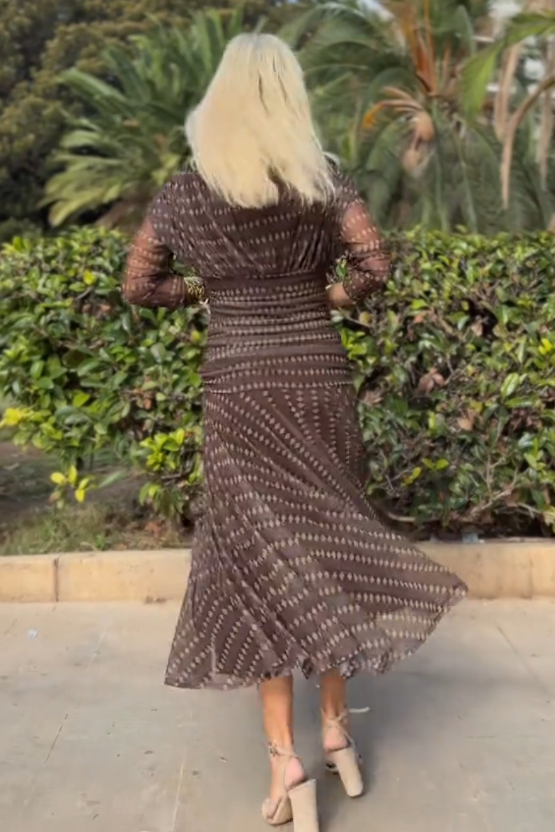 Bohemian Patterned V Neck Mesh Maxi Dress